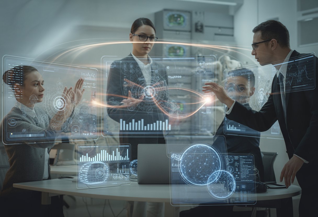 A group of professionals interacting with holographic digital screens showing blockchain network data in a modern office setting.