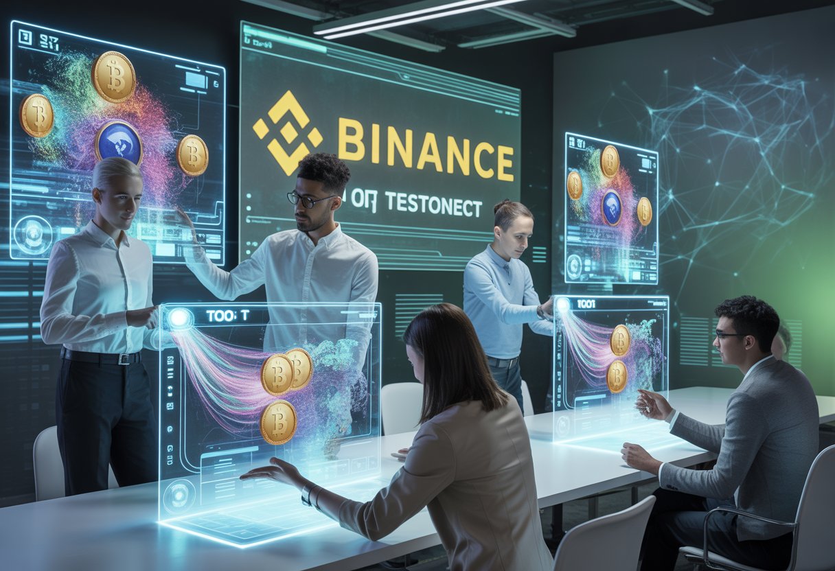 A group of professionals interacting with futuristic digital screens showing cryptocurrency tokens being distributed in a high-tech workspace.