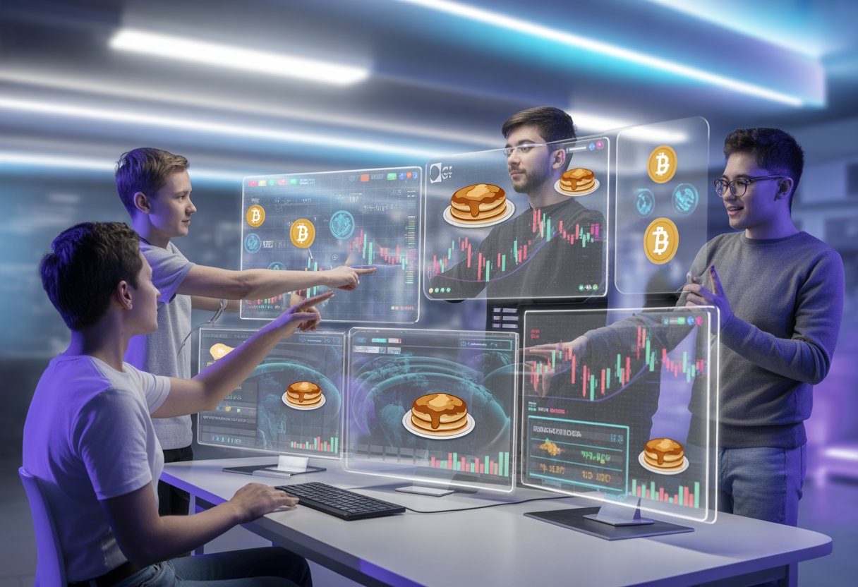 A group of young professionals interacting with holographic cryptocurrency charts and token icons in a modern high-tech workspace.