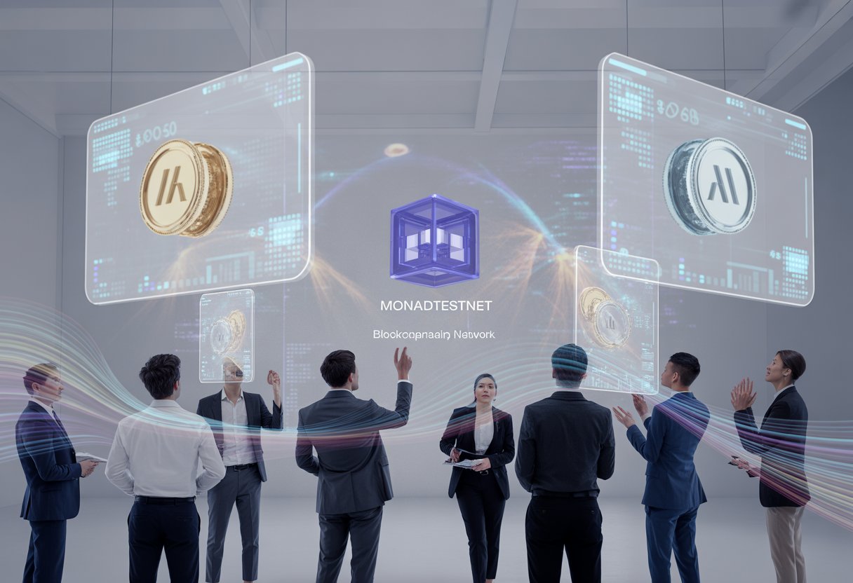 A group of people interacting with floating digital holograms representing a blockchain network and cryptocurrency coins in a modern office setting.