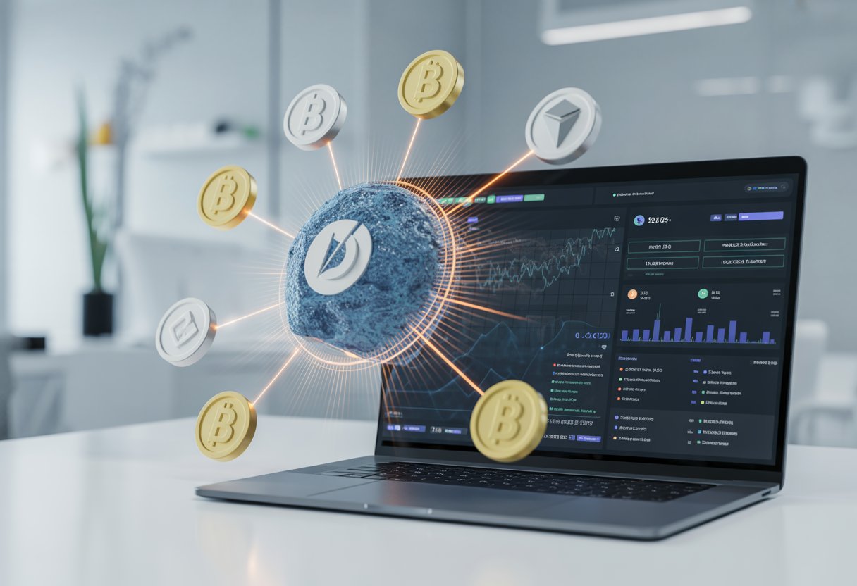 A laptop on a desk showing digital charts and blockchain network visuals with floating token icons in a bright office setting.