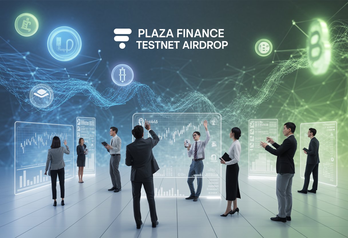 A futuristic digital plaza with professionals interacting with holographic financial icons and cryptocurrency symbols representing a finance airdrop.