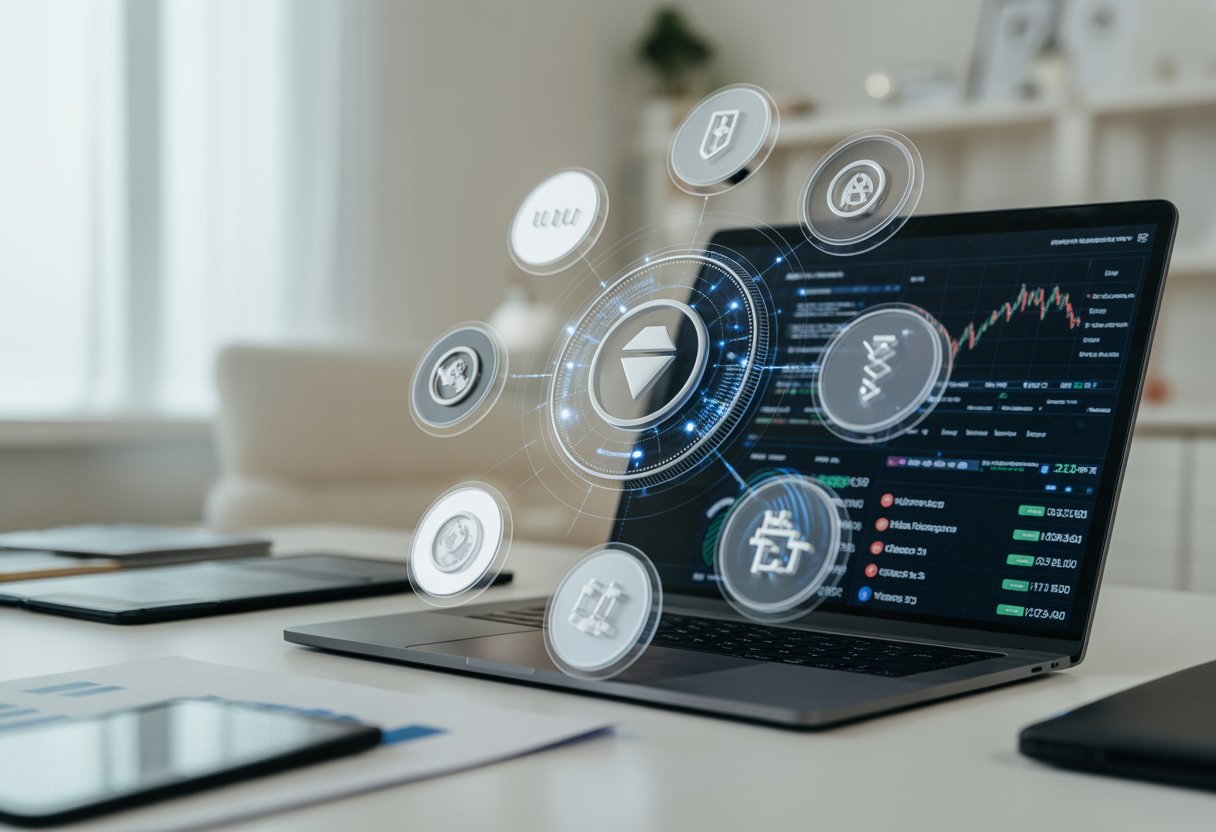 A laptop on a desk showing digital finance charts with floating holographic cryptocurrency icons in a bright office setting.