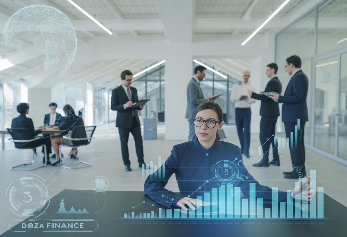 Business professionals analyzing futuristic digital financial data in a modern office setting.