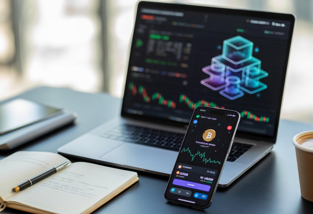 A laptop and smartphone on a desk showing blockchain charts and a crypto wallet app, with a notebook and coffee cup nearby.