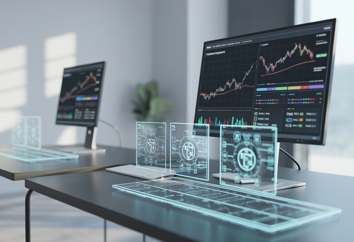 A modern workspace with computer monitors showing blockchain graphs and holographic interfaces representing a testnet environment.
