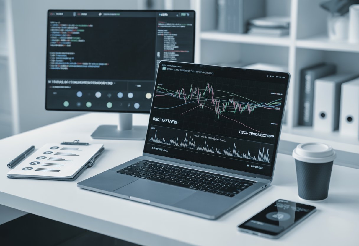 A modern workspace with a laptop showing blockchain graphs, a monitor with code, and a smartphone displaying a crypto wallet, surrounded by a notepad and coffee cup.