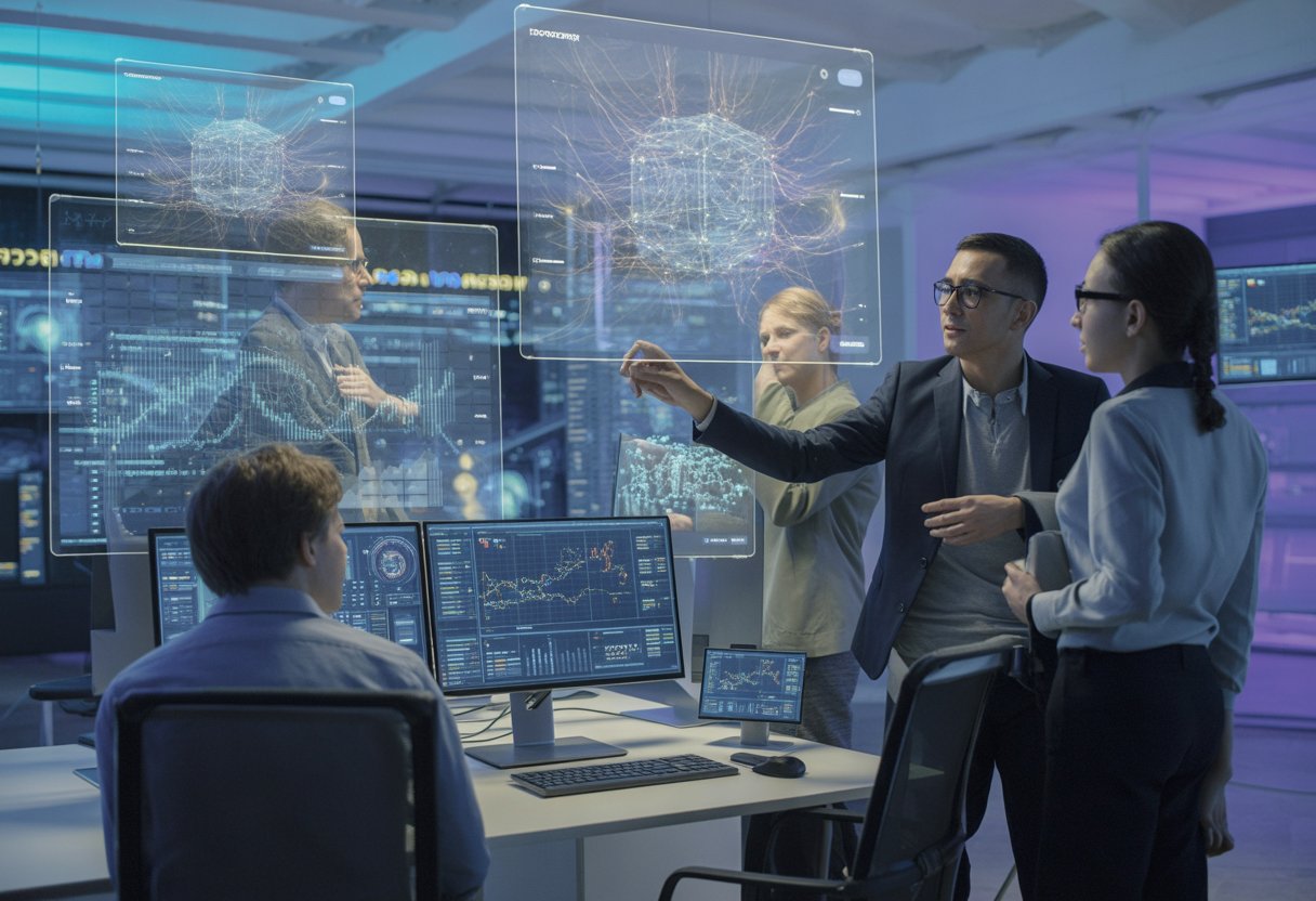 A group of professionals analyzing holographic blockchain data on transparent screens in a modern office.