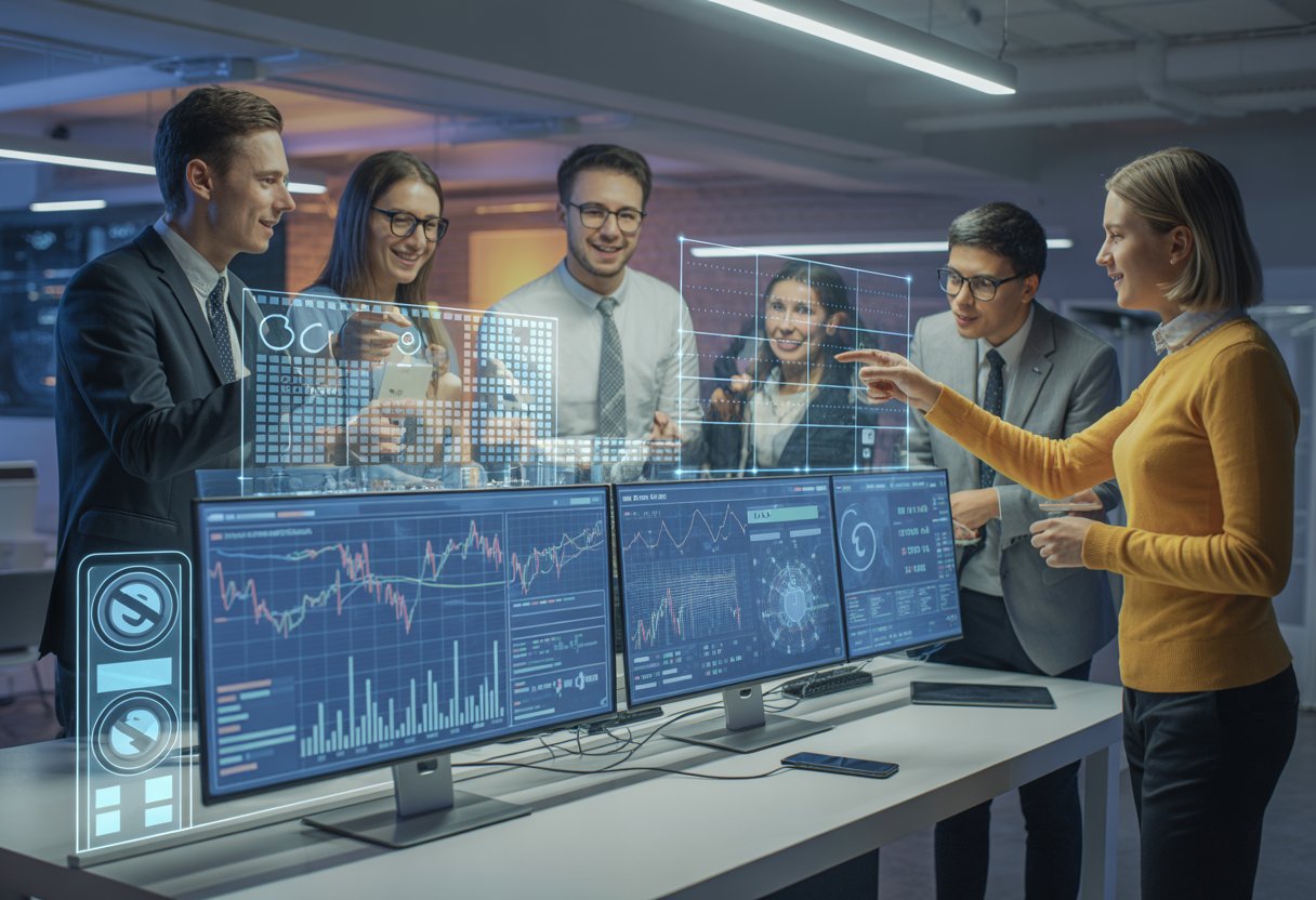 A group of young professionals collaborating around a computer workstation displaying holographic blockchain and cryptocurrency data in a modern office.