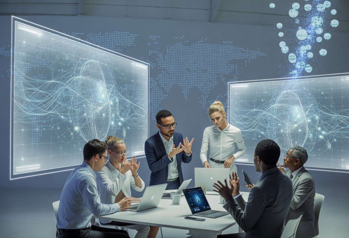 A group of professionals collaborating around a table with holographic digital network visuals and floating digital tokens representing a blockchain ecosystem.
