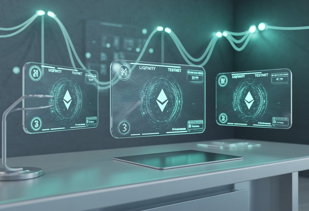 A modern workspace with floating holographic screens showing blockchain networks and digital tokens representing a cryptocurrency airdrop.