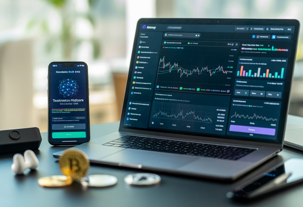 A workspace with a laptop showing blockchain charts and a smartphone with a notification about a crypto airdrop, surrounded by cryptocurrency coins and tech gadgets.