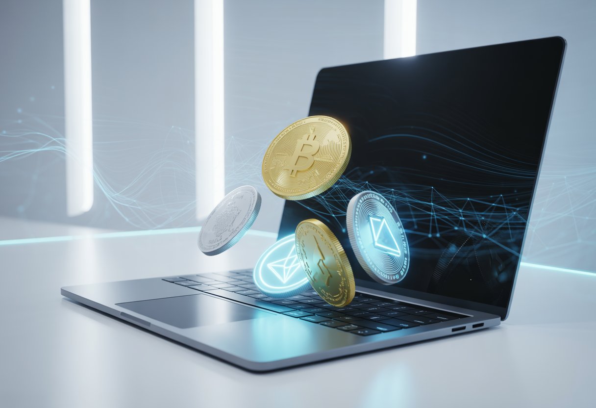 A laptop on a desk with floating digital coins and abstract network graphics representing a cryptocurrency airdrop.