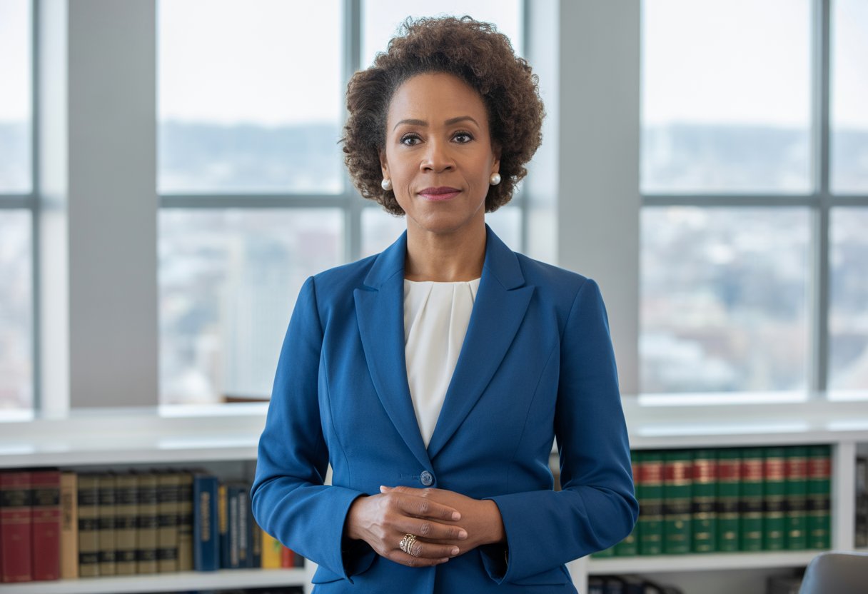 Congresswoman Lamonica Mciver standing in a government office with a cityscape visible through large windows behind her.