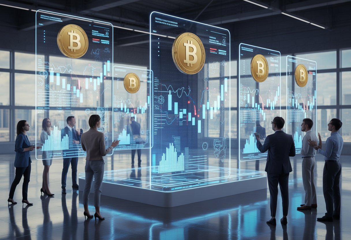 A group of professionals analyzing floating digital cryptocurrency symbols and charts in a bright office with a city skyline.