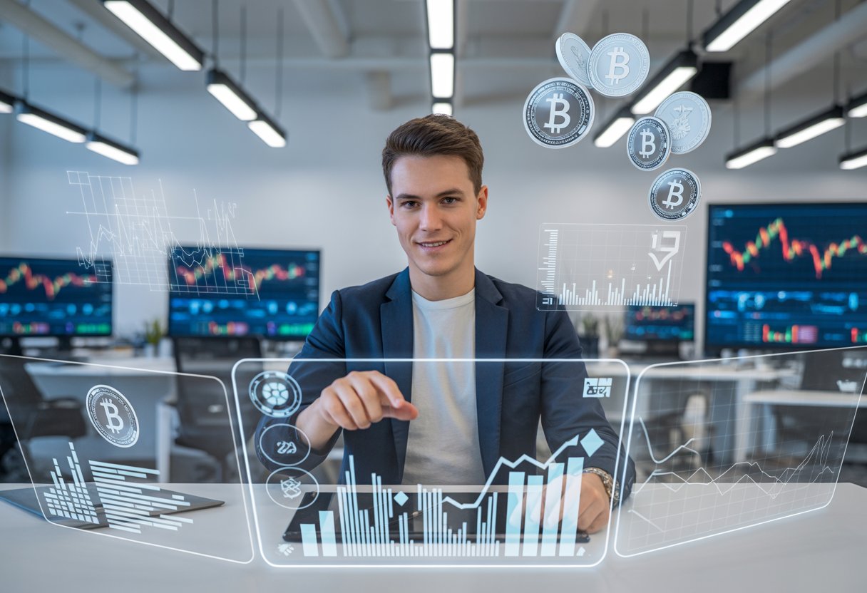A young man working at a desk with holographic cryptocurrency charts and digital tokens in a modern office setting.