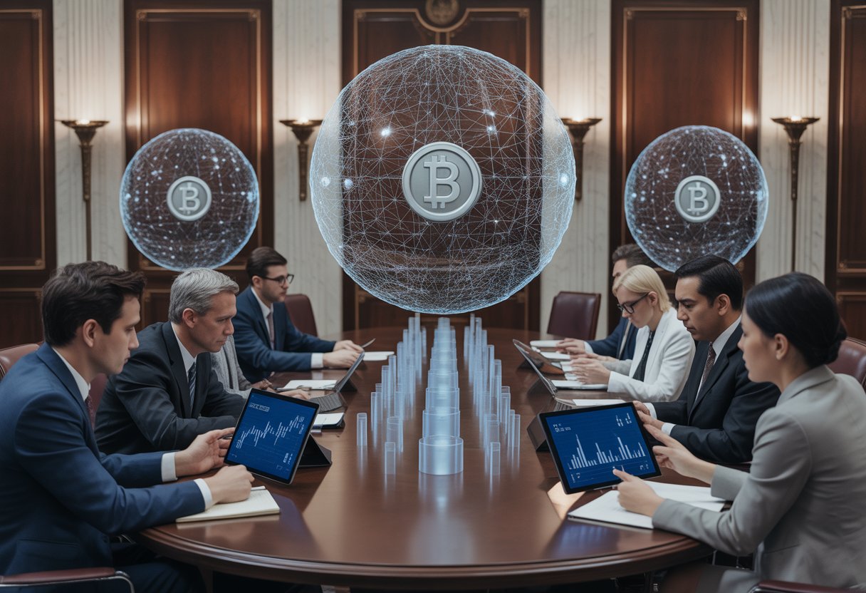 Senators in a senate chamber discussing cryptocurrency legislation with digital cryptocurrency symbols floating above the table.