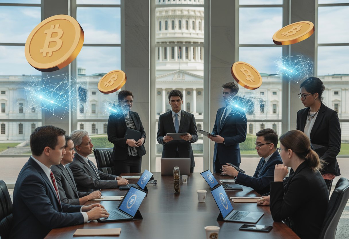 A group of U.S. senators and staff meet around a conference table with digital devices and holographic cryptocurrency symbols, with the U.S. Capitol visible through windows.
