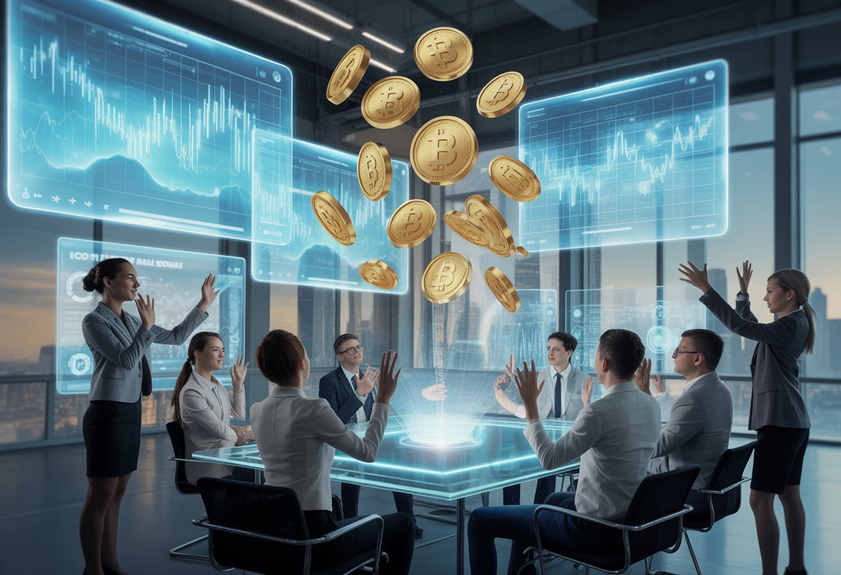 A group of professionals interacting with floating digital cryptocurrency symbols and holographic screens in a modern office setting.