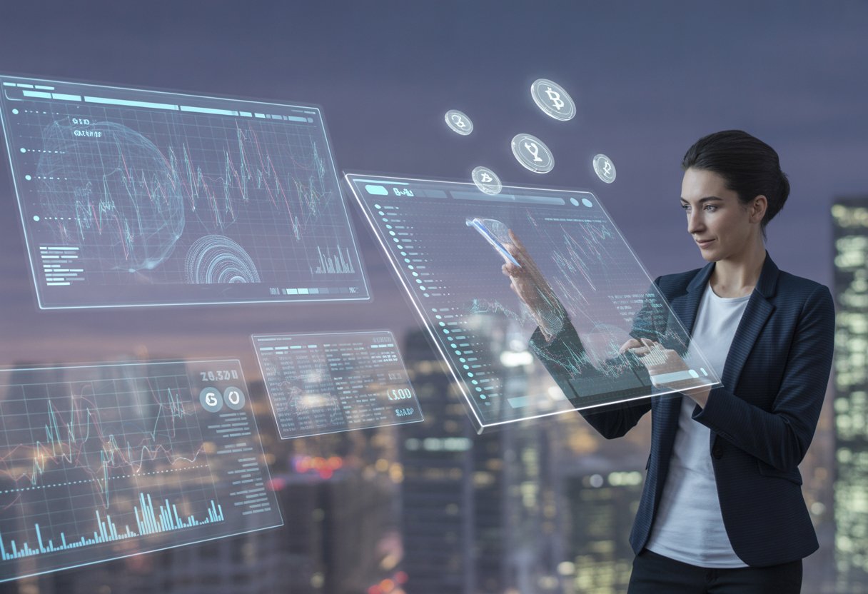 A business professional interacting with futuristic digital screens showing cryptocurrency data and blockchain visuals in a modern workspace.