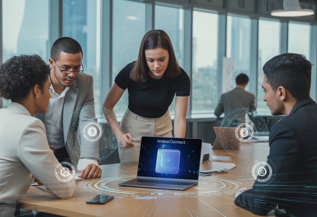 Two professionals working together on a laptop in an office with digital graphics of coins and network connections floating around them.