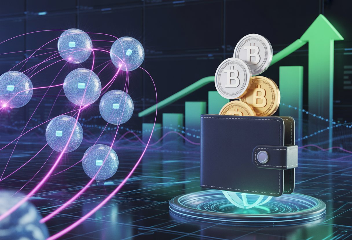 A digital wallet receiving cryptocurrency tokens within a glowing blockchain network with upward trending graphs in the background.