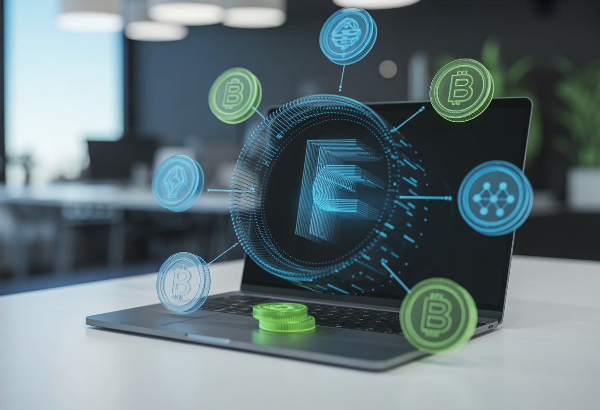 A laptop on a desk with floating digital icons representing cryptocurrency and blockchain technology in a modern office setting.