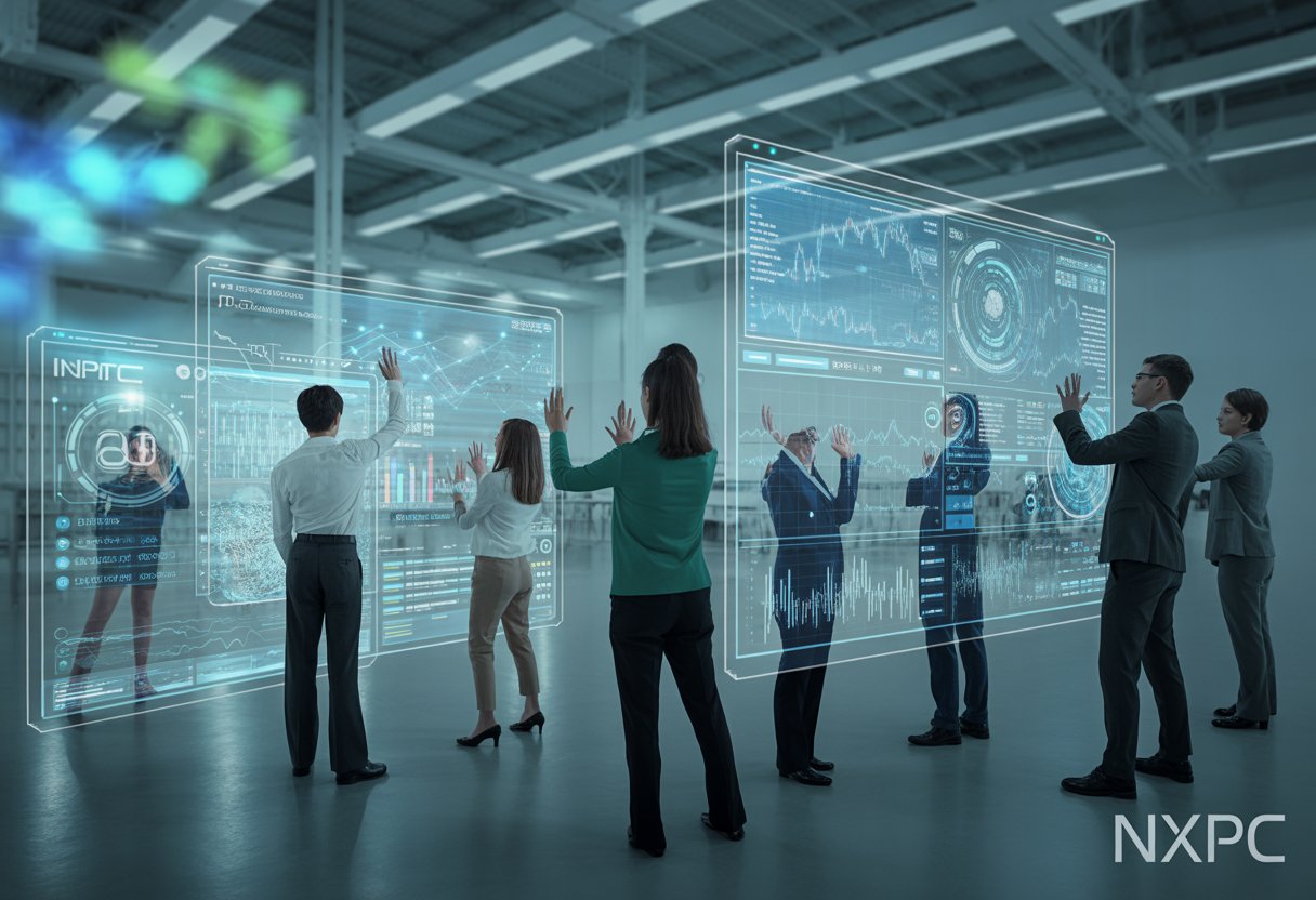 A group of professionals interacting with holographic screens showing digital data in a modern office setting.
