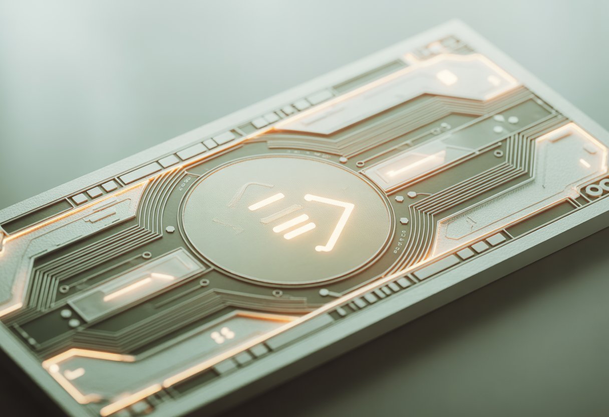Close-up of a futuristic digital currency bill with intricate circuit patterns and glowing elements on a blurred background.