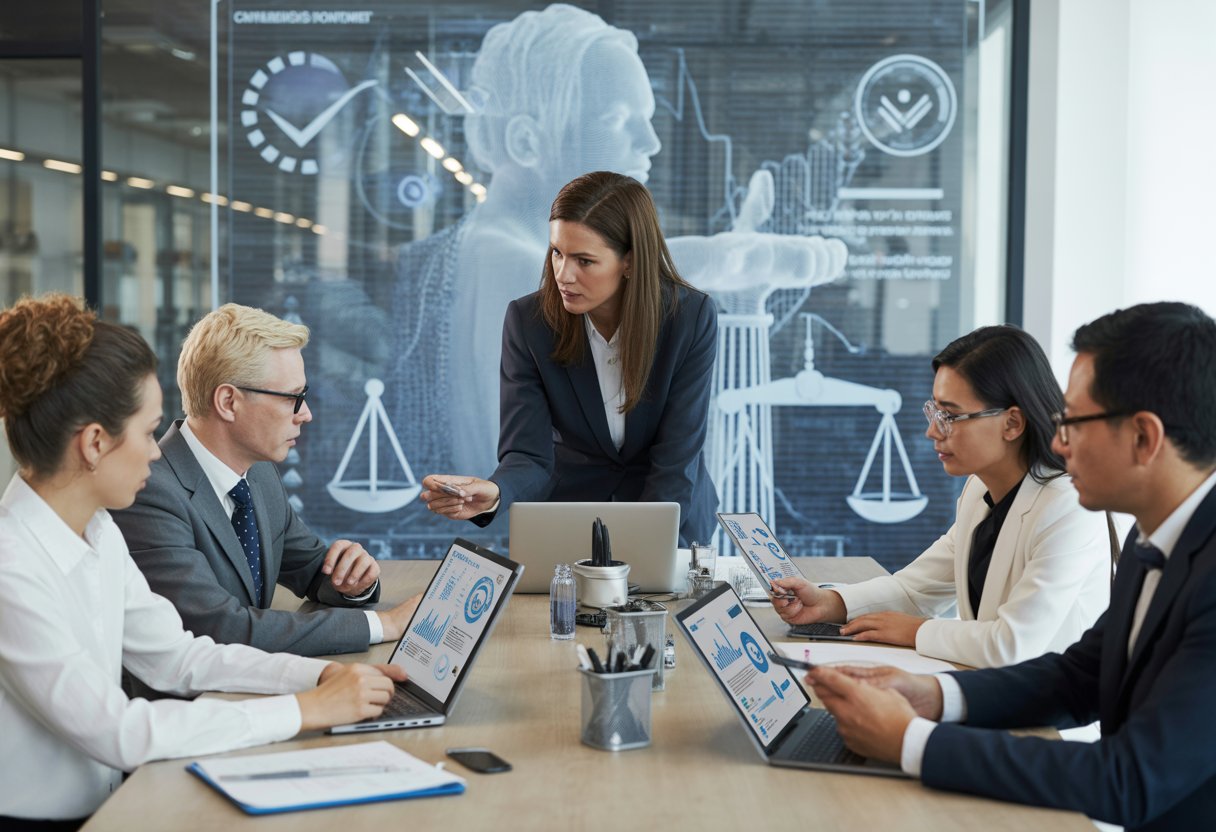 Business professionals in a meeting room discussing cryptocurrency regulations with digital devices and holographic displays.