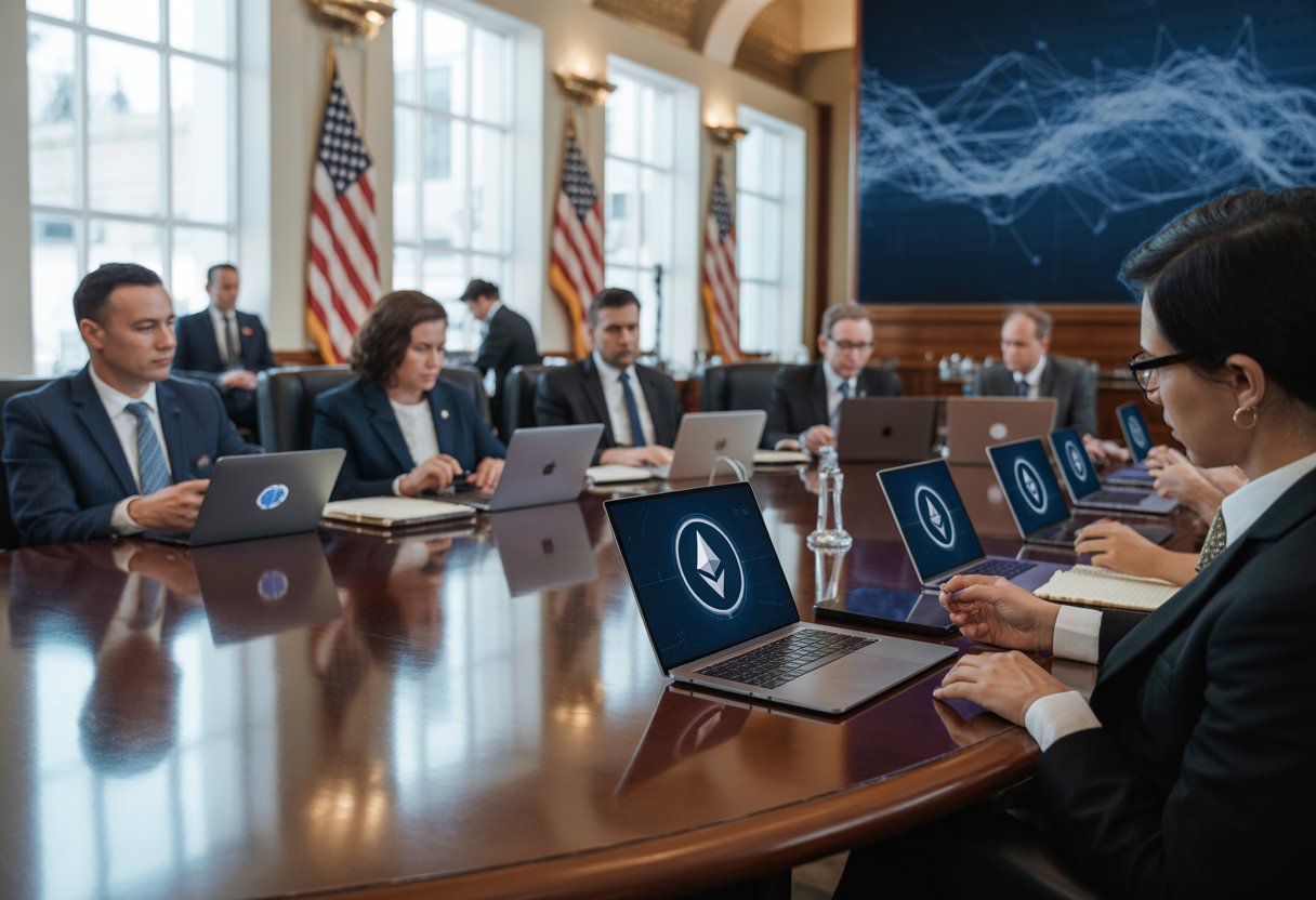 Senators and staff gathered around a conference table in a senate chamber discussing cryptocurrency legislation.