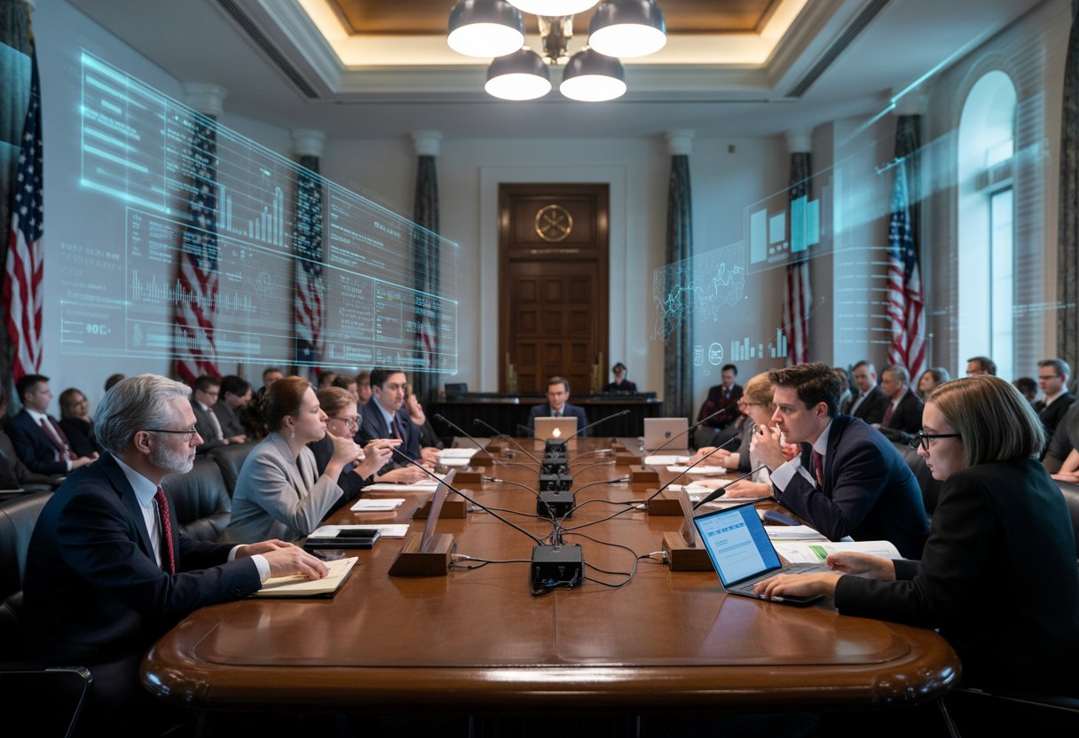 Senators and experts in a hearing room discussing cryptocurrency privacy and data governance around a conference table with digital charts projected in the background.