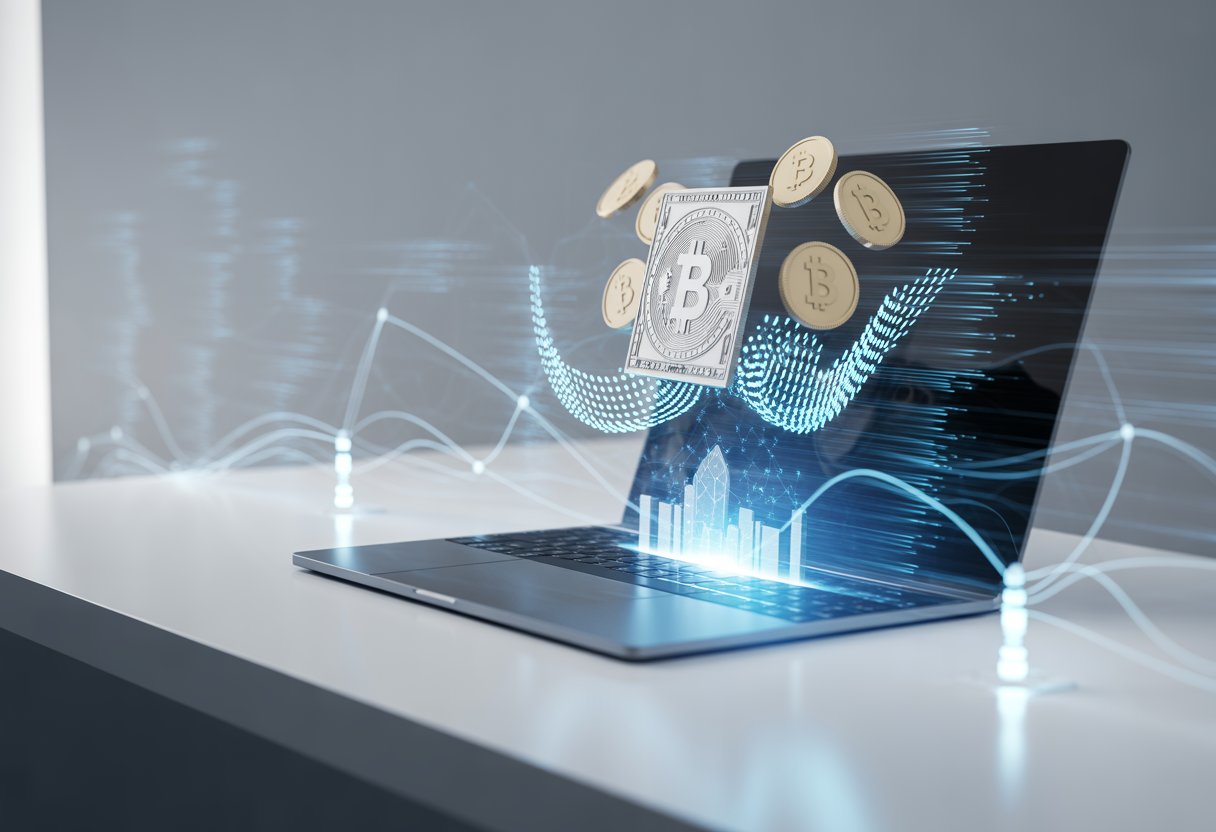 A modern workspace with a laptop showing floating digital cryptocurrency symbols and coins, surrounded by glowing blockchain network lines.