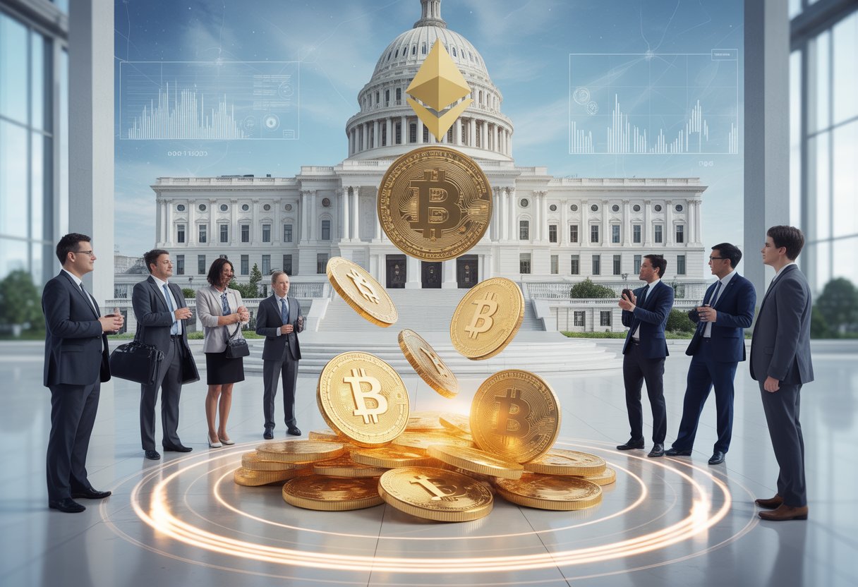 A group of professionals in formal attire discussing digital cryptocurrency coins floating in front of a government building resembling the Senate.