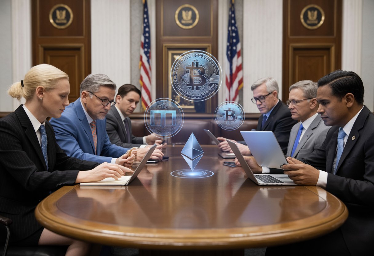 A group of U.S. Senators in a government chamber discussing cryptocurrency regulation around a conference table with digital crypto symbols floating above.