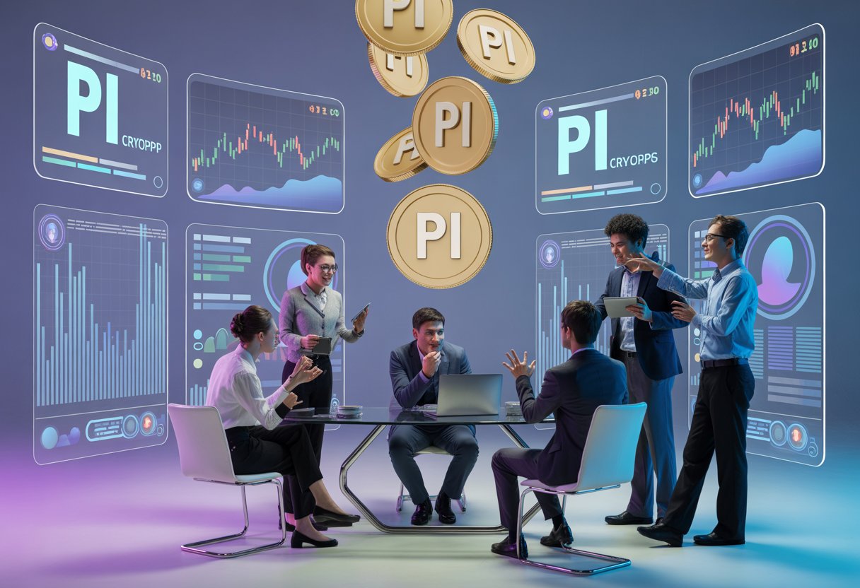 A group of young professionals analyzing digital cryptocurrency data on holographic screens in a modern workspace with floating digital tokens.