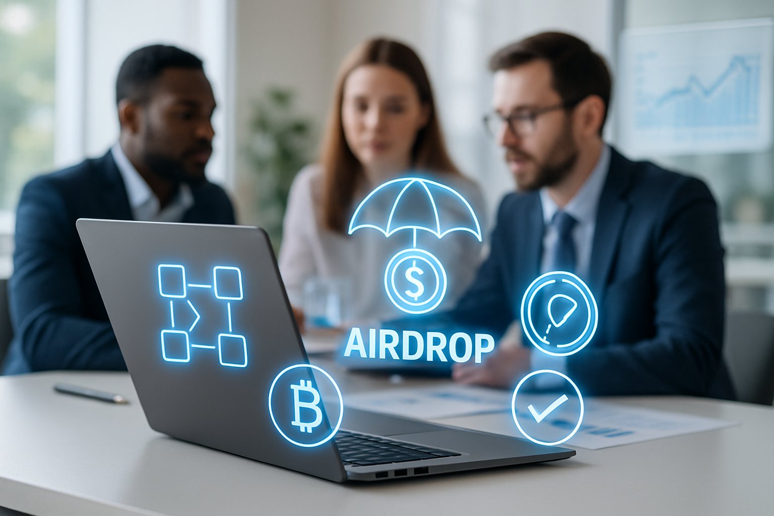 A group of professionals discussing digital finance with holographic blockchain icons above a laptop on a desk.