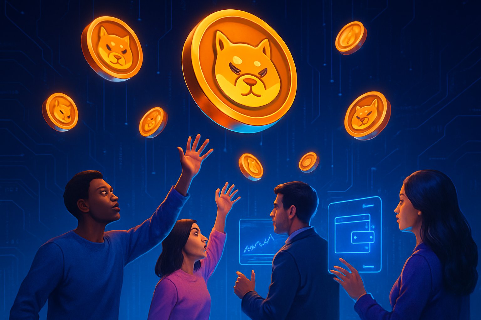 A diverse group of people interacting with floating digital coins and holographic screens in a futuristic digital environment.