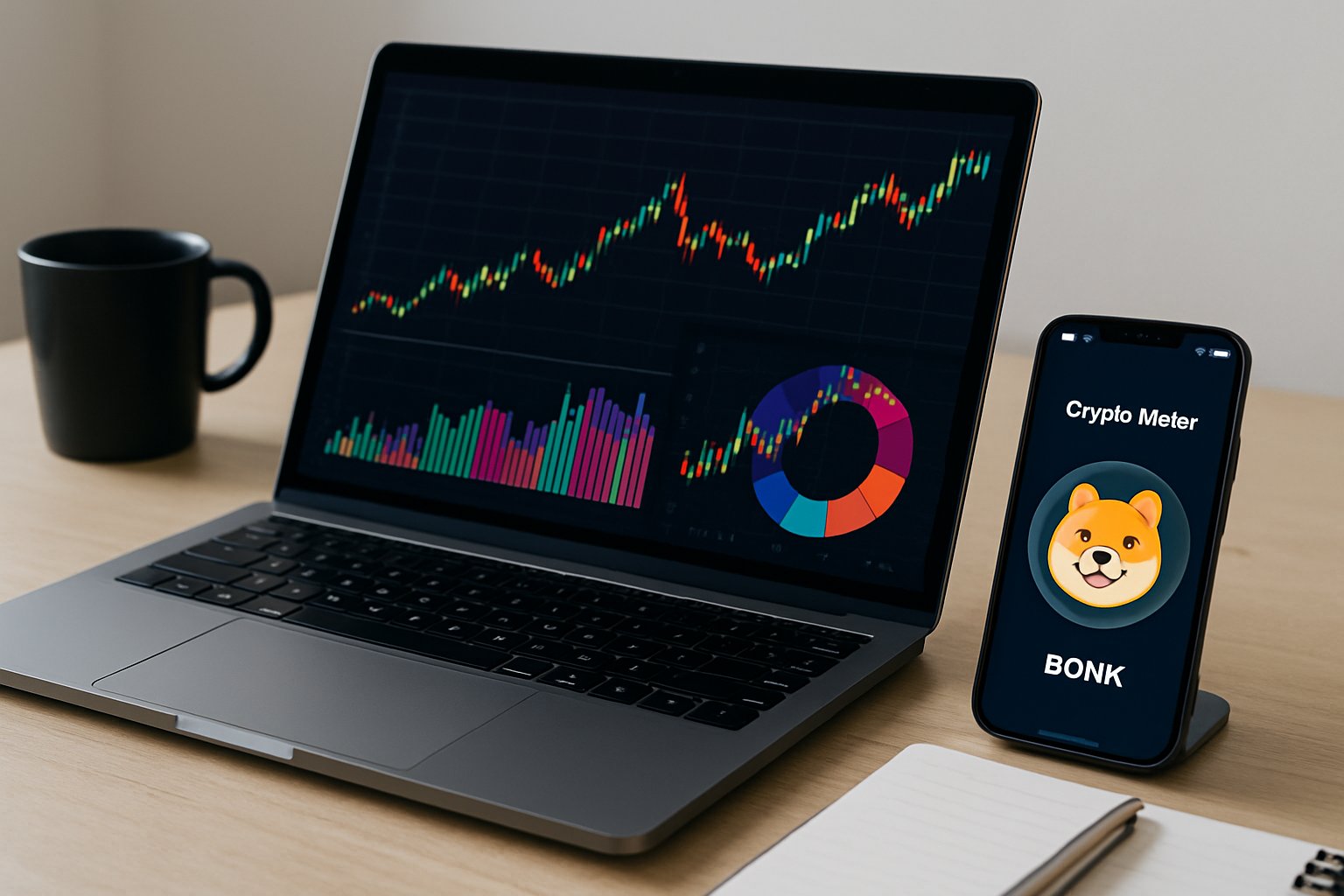 A laptop and smartphone on a desk displaying cryptocurrency charts and a token icon, with a notebook and coffee cup nearby.