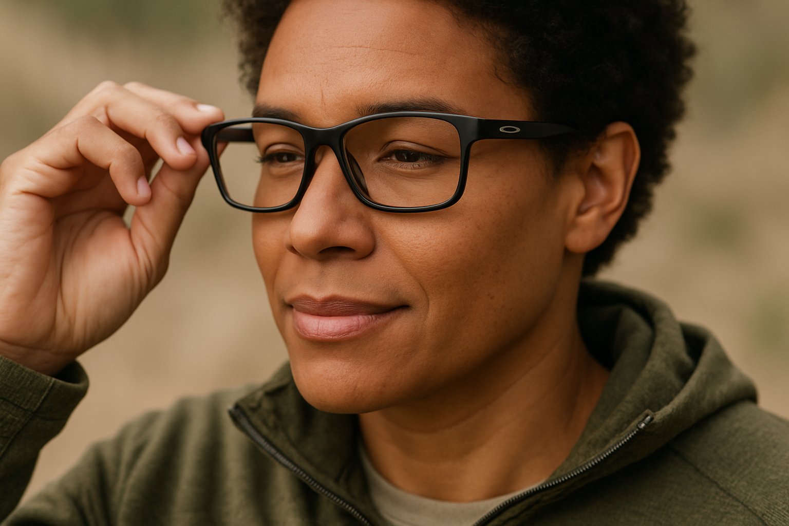 Close-up of a person wearing Oakley Airdrop sunglasses, adjusting them on their face with a relaxed expression.