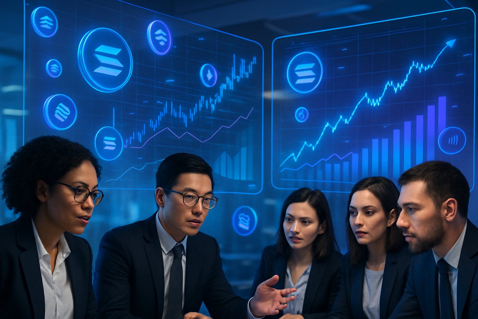 A group of professionals analyzing digital blockchain data with holographic screens and floating cryptocurrency symbols in a modern workspace.