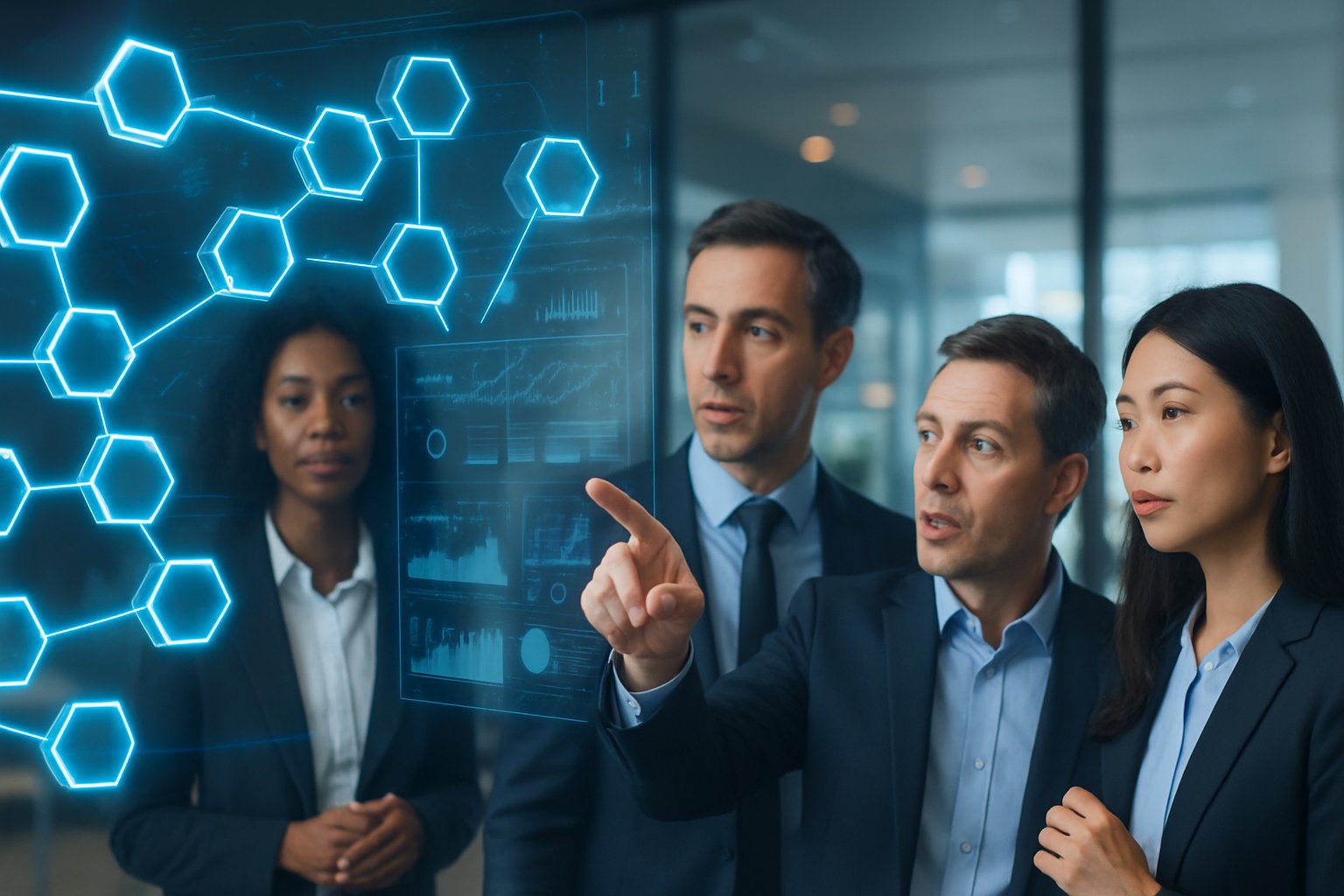 A group of business professionals discussing a holographic blockchain network display in a modern office.