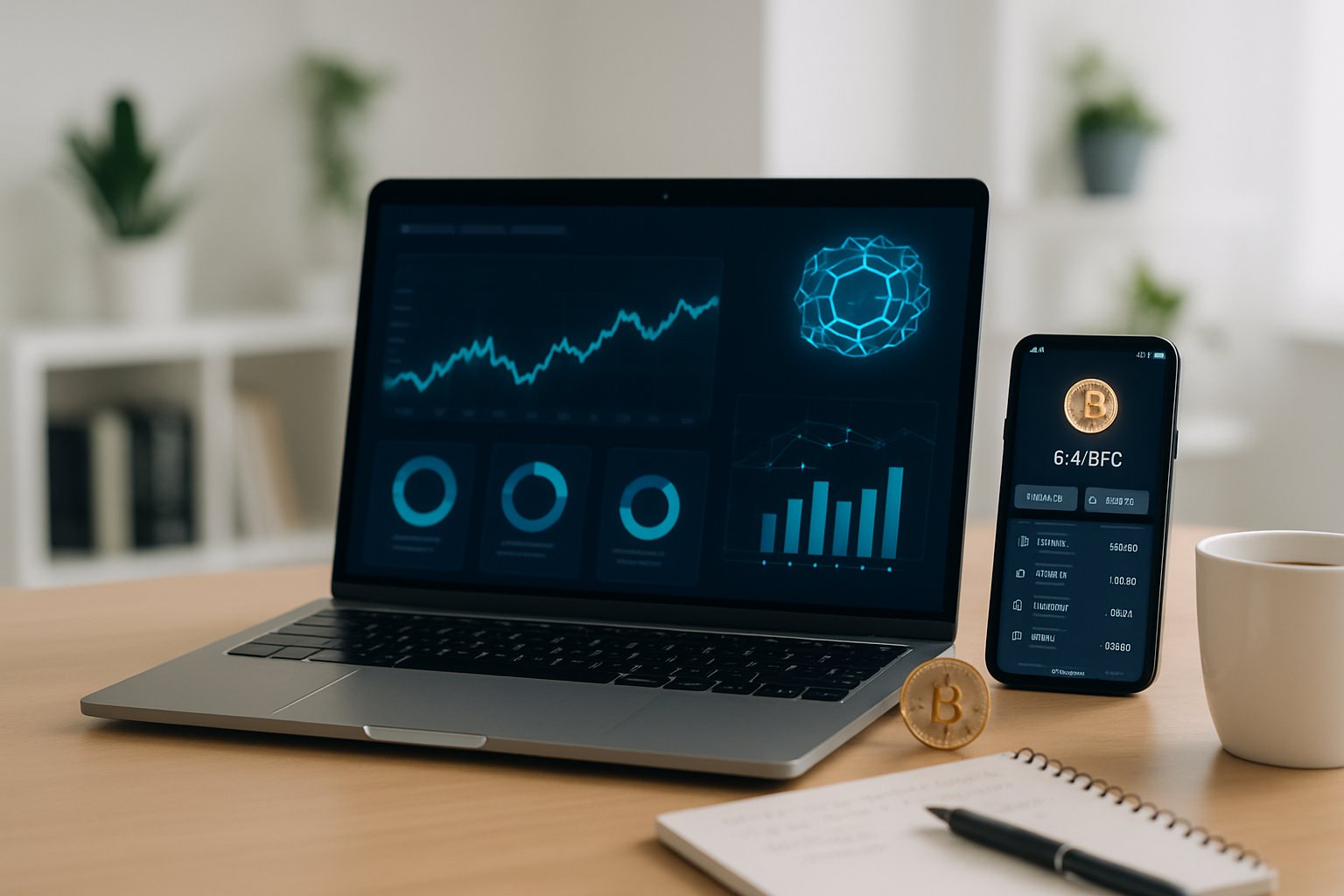 A modern workspace with a laptop showing cryptocurrency charts and a smartphone displaying a digital wallet, set on a desk with a coffee cup and a small Bitcoin coin.