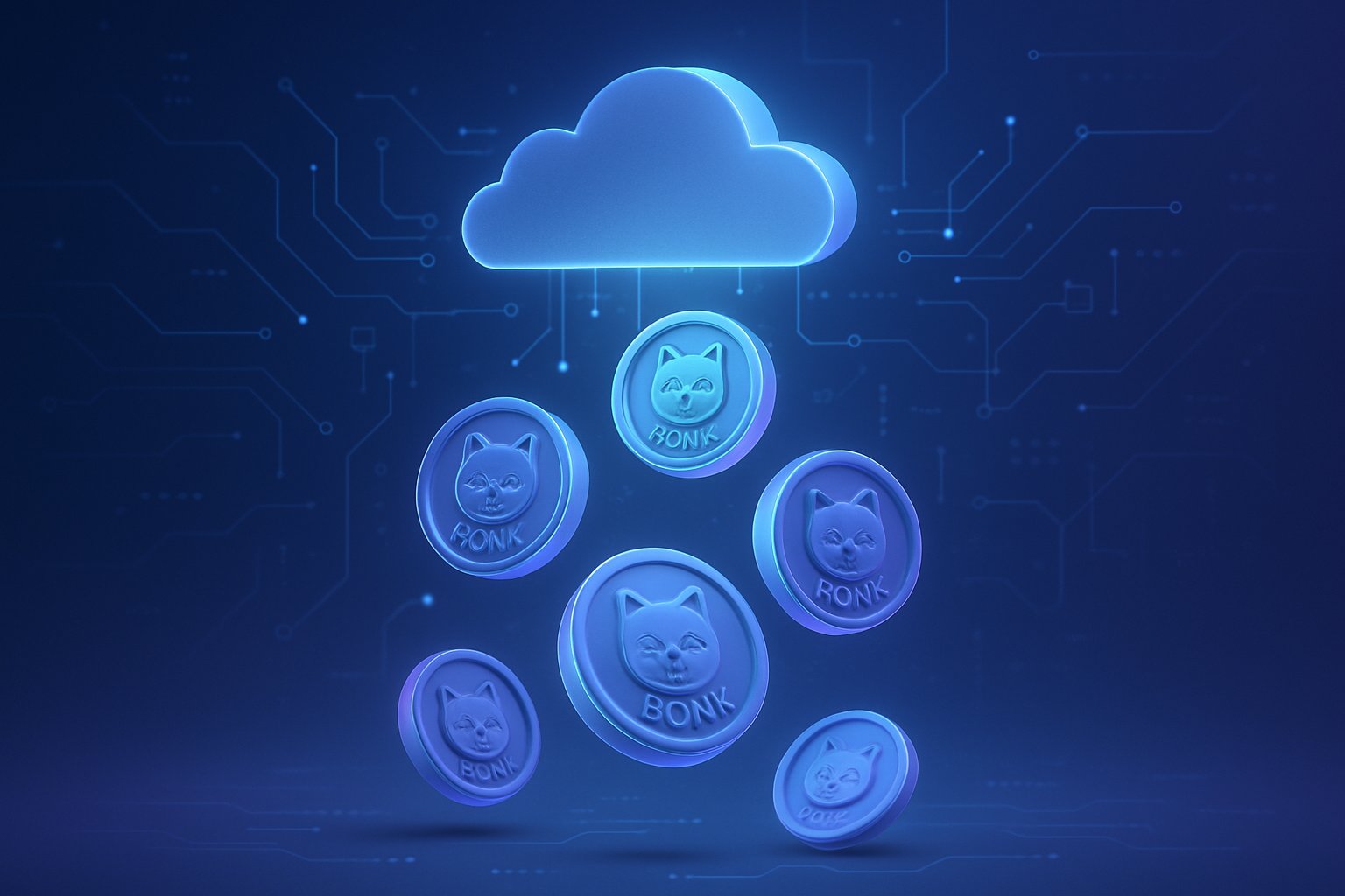 Floating digital tokens descending from a futuristic network node surrounded by abstract blockchain and data stream elements.