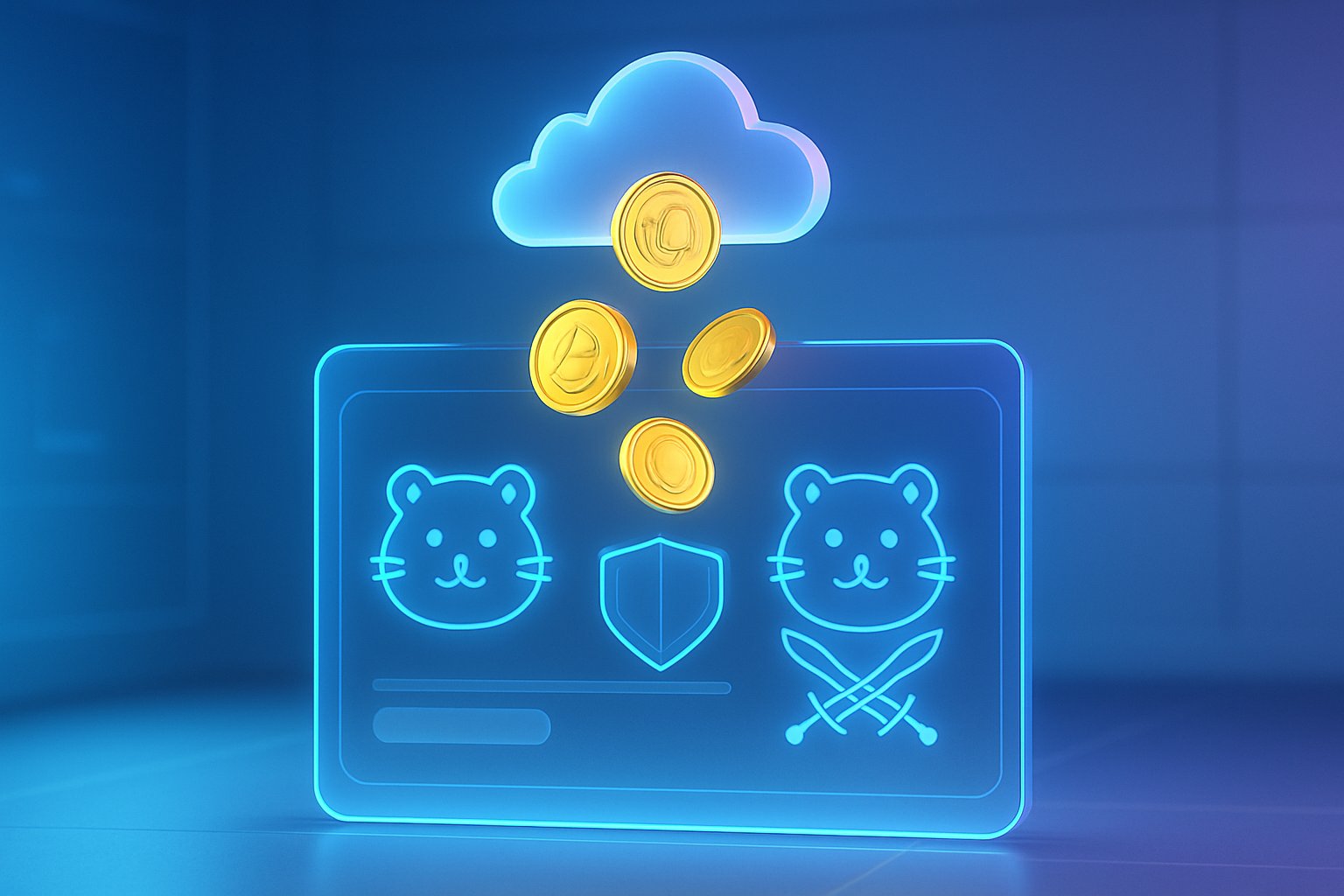A futuristic digital interface showing glowing hamster icons and floating tokens descending from a cloud, representing a digital airdrop.