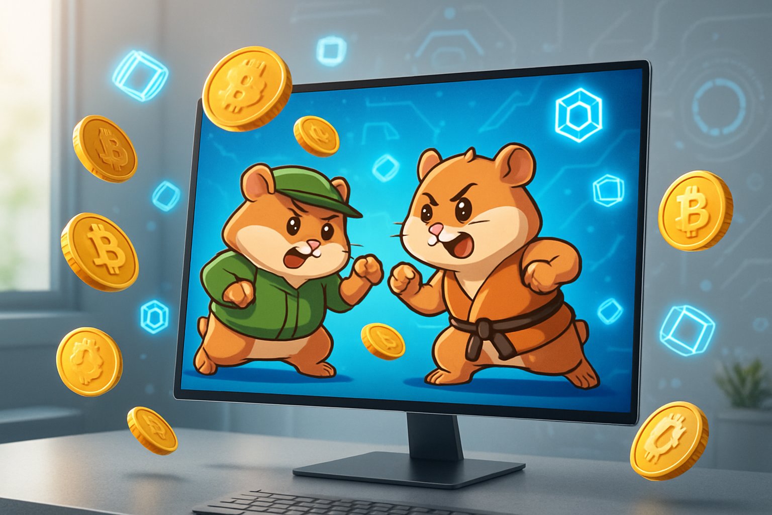 A computer screen showing animated hamsters in a playful combat stance with floating digital tokens around, set in a modern workspace.