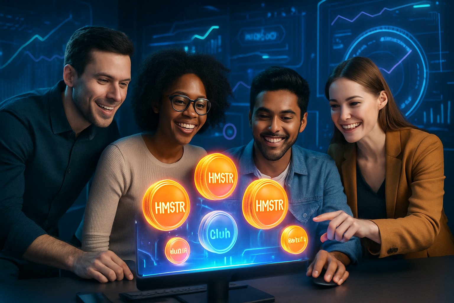 A group of young professionals gathered around a computer workstation displaying glowing digital tokens, interacting in a modern office environment.