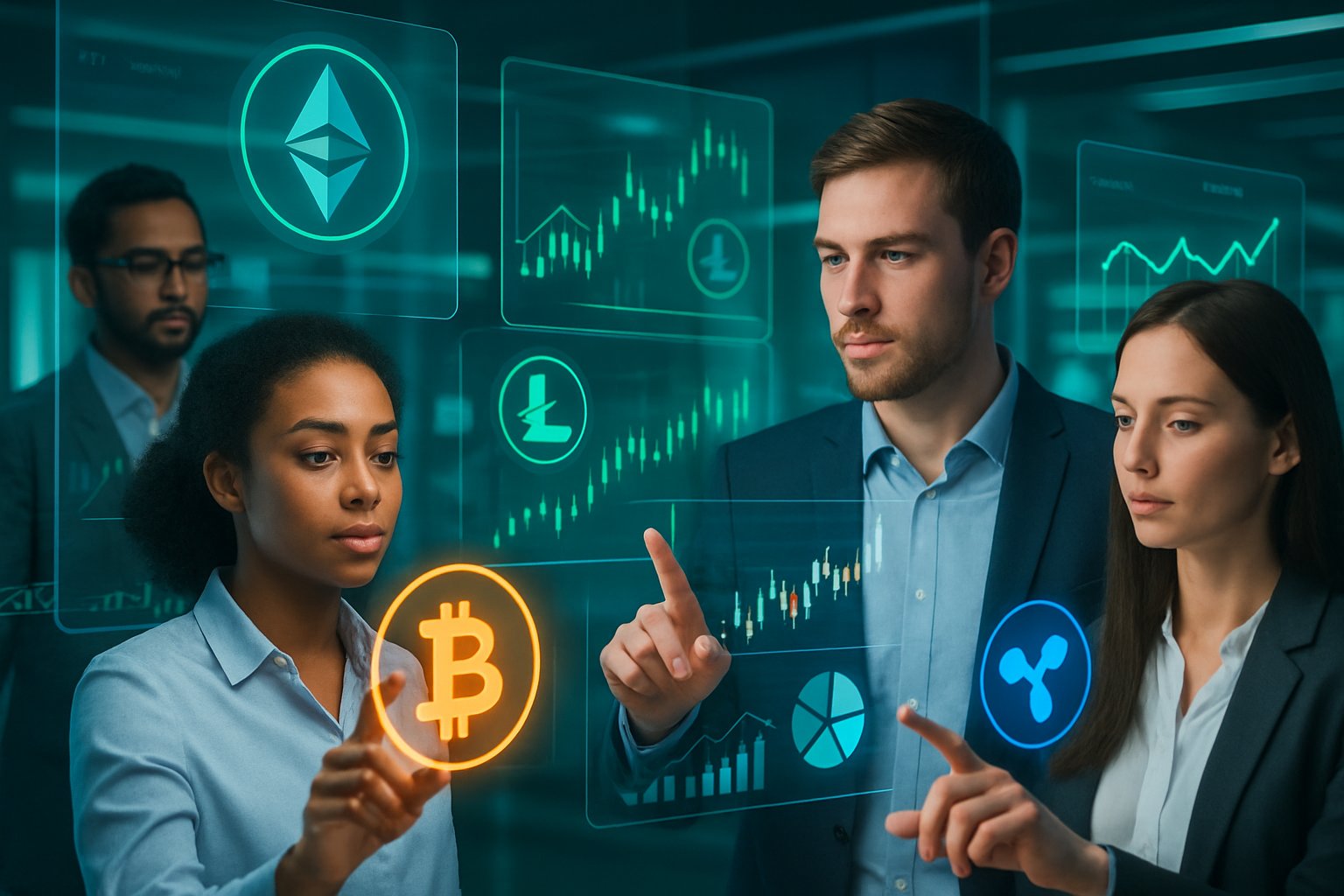 A group of professionals interacting with floating digital screens showing cryptocurrency symbols and charts in a modern tech workspace.