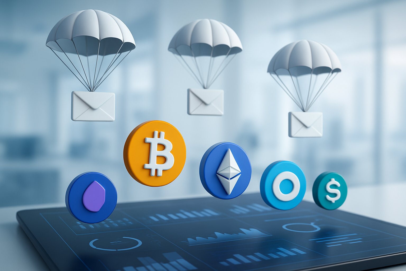 A digital workspace showing floating cryptocurrency icons with parachutes descending onto them above a futuristic dashboard with charts and graphs.