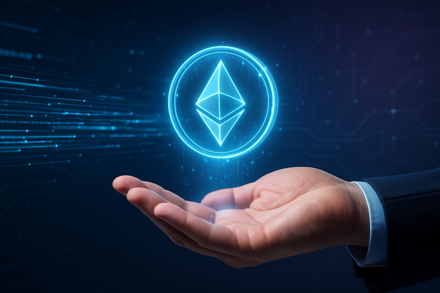 A hand holding a glowing digital token surrounded by streams of light and abstract network patterns.